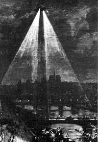 ▲ジュール・ベルヌの『雲の快走飛行艇』(1886年)のさし絵。主人公のロビュールは素性のはっきりLない男だが、ばく大な富を持っている。 彼は大飛行船を建造し、世界を旅して、信じがたい冒険を次次と試みる。 当時の技術に通じていたベルヌは、ロビュールの飛行艇を飛行船と海上航行船を組み合わせて明りょうに描いた。